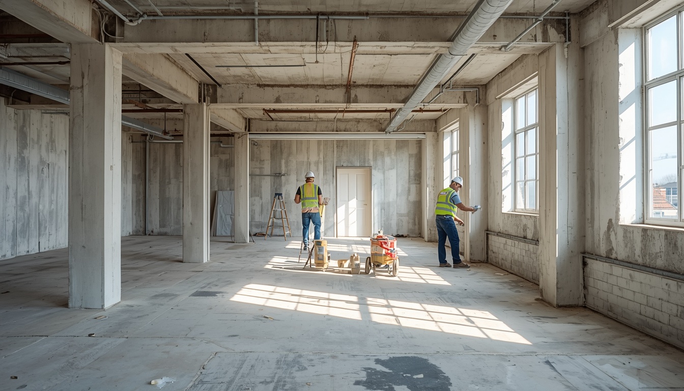 Drylining contractors working on a large commercial fit-out project in Oldham